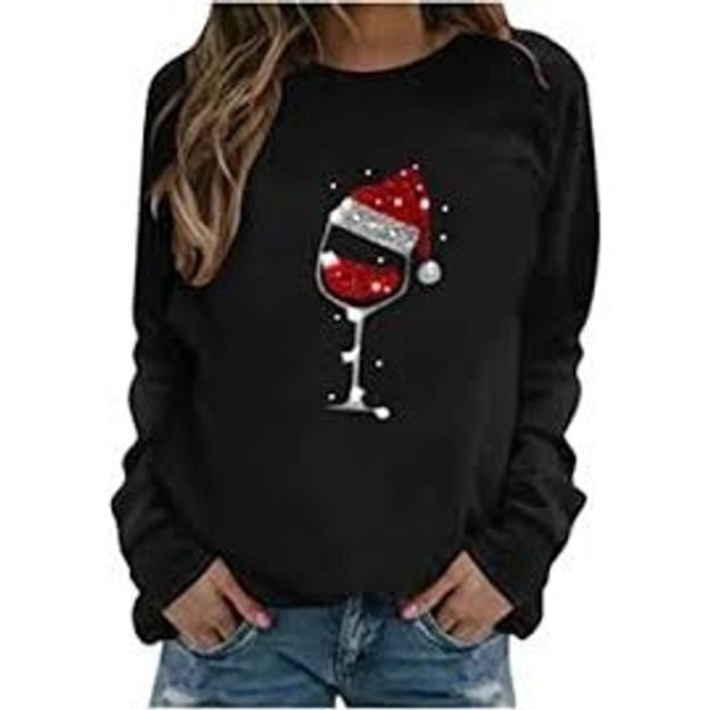 Christmas T-Shirt Holiday‎ Party Glitter Sparkle Santa Hat Red Wine Glass  L